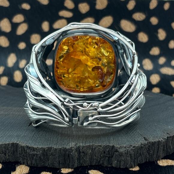 AMBERMAN Cognac Baltic Amber & Sterling Silver Art Nouveau Style Hinged Bracelet - Picture 4 of 7